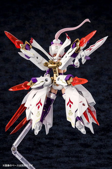 Plastic Model Kit Megami Device Asra Nine-Tails 1/1 de 14 cm, figurine mecha girl rose avec armure blanche, rouge et violette et grandes armes.