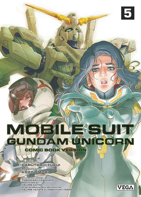 Image du manga Mobile Suit Gundam Unicorn Tome 5, couverture avec Gundam Unicorn et les personnages principaux.