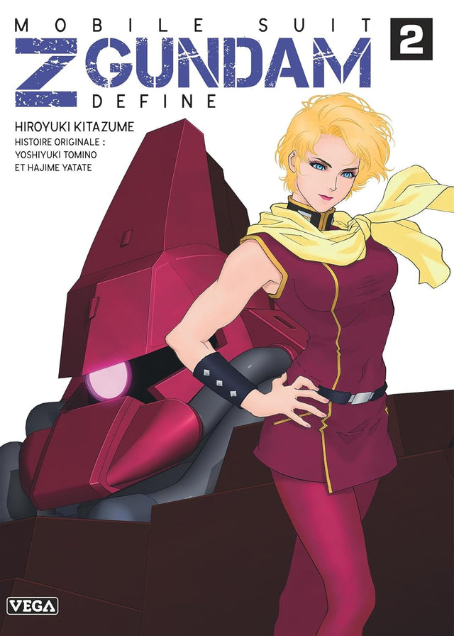 Couverture du manga Mobile Suit Z Gundam – Define – Tome 2, montrant une femme blonde en tenue rouge posant devant un mobile suit rose.