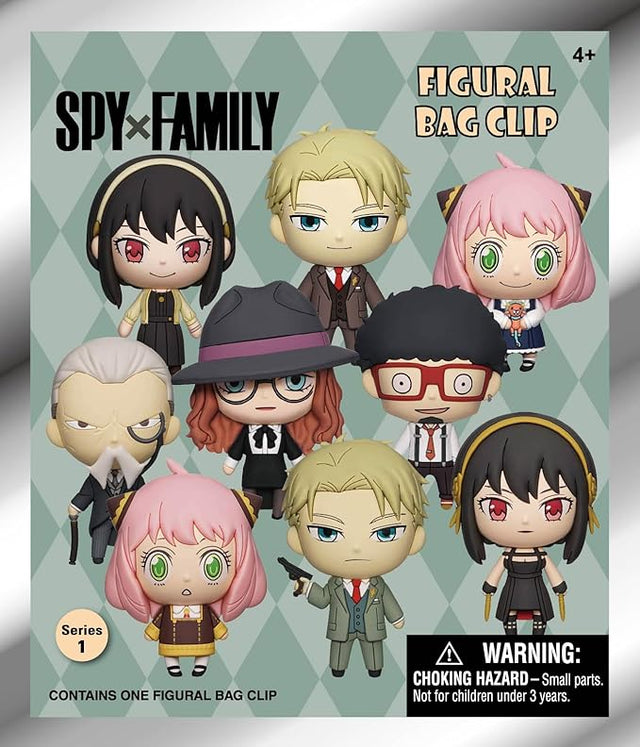 Visuel Spy x Family Figural Bag Clip Series 1 avec plusieurs personnages chibi dont Anya, Loid et Yor, vendus en sachet mystère.