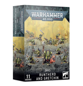 Boîte Warhammer 40K – Runtherd et Gretchins, 11 figurines comprenant un chef Ork et sa horde de petites terreurs vertes.