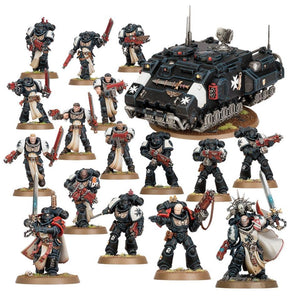 Boîte Warhammer 40,000 Combat Patrol Black Templars avec 17 figurines : unités Space Marines fanatiques, personnages et véhicule Impulsor