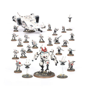 Boîte Warhammer 40,000 Combat Patrol T’au Empire avec 25 figurines futuristes incluant guerriers de feu, drones, battlesuit et transport Devilfish