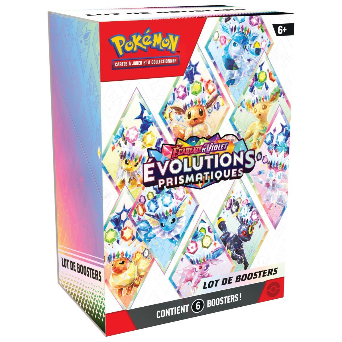 Lot de 6 boosters Pokémon Écarlate & Violet Évolutions Prismatiques – coffret coloré mettant en avant les évolutions d’Évoli.