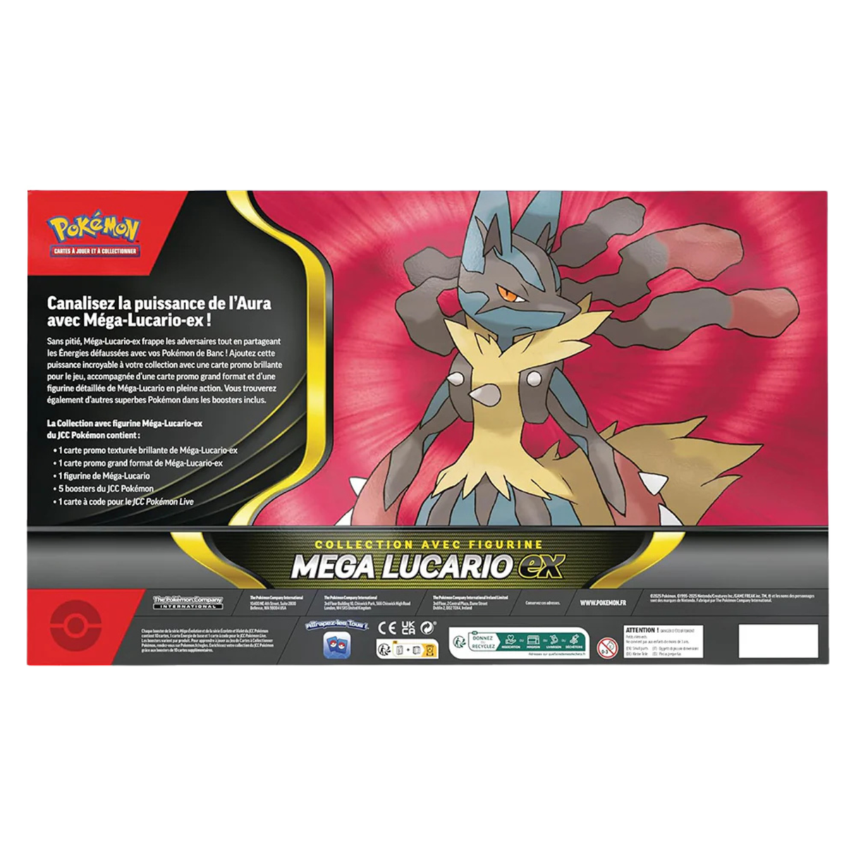 Coffret Pokémon Collection avec Figurine Méga-Lucario ex – contenant 5 boosters, cartes promo, figurine exclusive et code en ligne.
