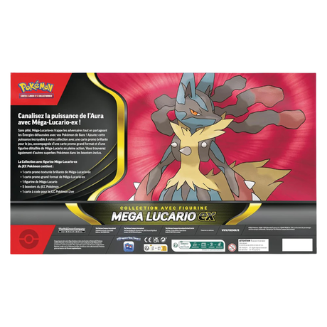 Coffret Pokémon Collection avec Figurine Méga-Lucario ex – contenant 5 boosters, cartes promo, figurine exclusive et code en ligne.