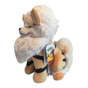 Peluche Pokémon Arcanin de 30 cm avec pelage crème, rayures noires et grande crinière duveteuse sur fond blanc.