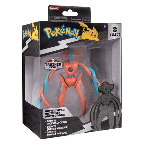 Boîte Pokémon Select Deoxys Forme Normale 15 cm avec figurine orange et bleue super articulée visible dans l’emballage.