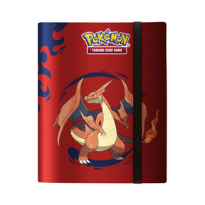 Pro-Binder 9-Pocket Ultra Pro Pokémon Méga-Dracaufeu X et Y rouge avec illustration de Dracaufeu et fermeture élastique noire.