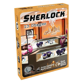 Boîte du jeu Q System Sherlock 13 Otages de Geek Attitude Games, illustrant une bijouterie de luxe du Golden Palace à Dubaï, avec des vitrines de bijoux.