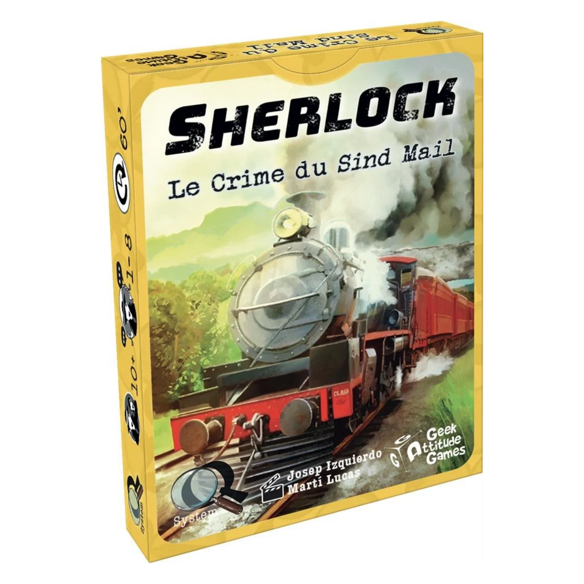 Boîte jaune du jeu Q System Sherlock Le Crime du Sind Mail de Geek Attitude Games, illustrant une locomotive à vapeur tirant des wagons rouges dans un paysage verdoyant.