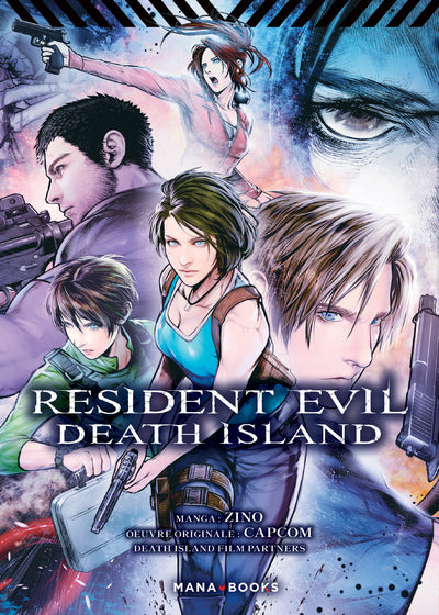manga Resident Evil Death Island, avec plusieurs personnages armés de la saga Resident Evil dans une composition dynamique bleue et explosive.