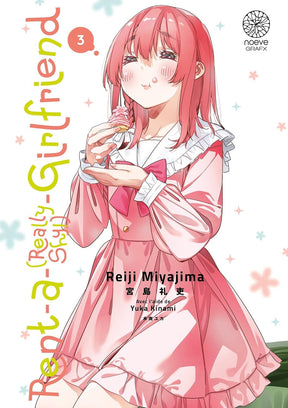 manga Rent-a-(Really Shy)-Girlfriend tome 3 de Reiji Miyajima, montrant Sumi Sakurasawa en robe rose, dégustant un cupcake avec un air timide.