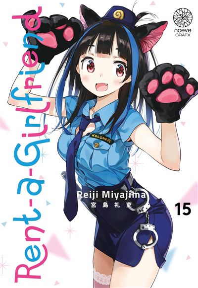 manga Rent-a-Girlfriend tome 15 illustré par Reiji Miyajima, montrant Ruka Sarashina en tenue de policière avec des accessoires de chat.
