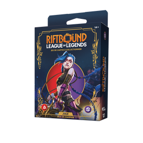 Boîte Riftbound Origines Deck de Champion Jinx en français, jeu de cartes League of Legends avec illustration de Jinx aux longues tresses bleues, tenue noire et violette, sur fond bleu nuit et ornements dorés.