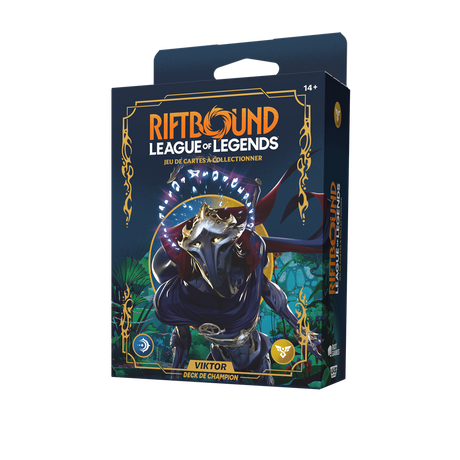 Boîte Riftbound Origines Deck de Champion Viktor en français, jeu de cartes League of Legends avec illustration de Viktor masqué, vêtu d'une cape sombre, entouré de runes lumineuses et d'un décor fantastique.