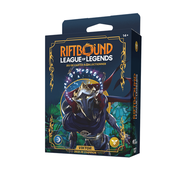 Boîte Riftbound Origines Deck de Champion Viktor en français, jeu de cartes League of Legends avec illustration de Viktor masqué, vêtu d'une cape sombre, entouré de runes lumineuses et d'un décor fantastique.