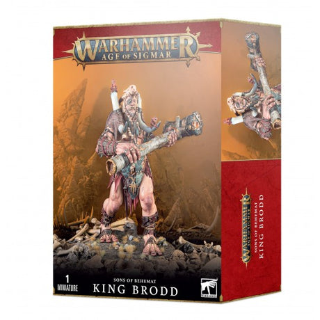 Boîte Warhammer Age of Sigmar Sons of Behemat King Brodd avec figurine de géant tenant une énorme massue sur fond de bataille.
