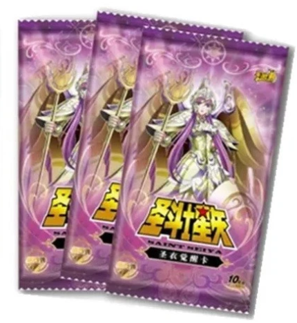 Boosters Saint Seiya Wave 4 illustrés avec une guerrière en armure dorée, issus de la gamme de cartes éditées par Cartes Saint Seiya.