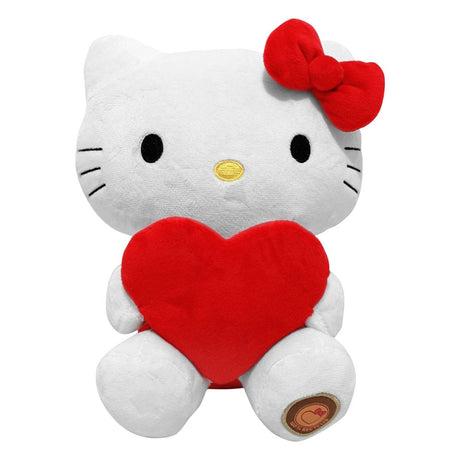 Peluche Hello Kitty de 24 cm tenant un grand cœur rouge entre ses bras, avec un nœud rouge sur l’oreille.