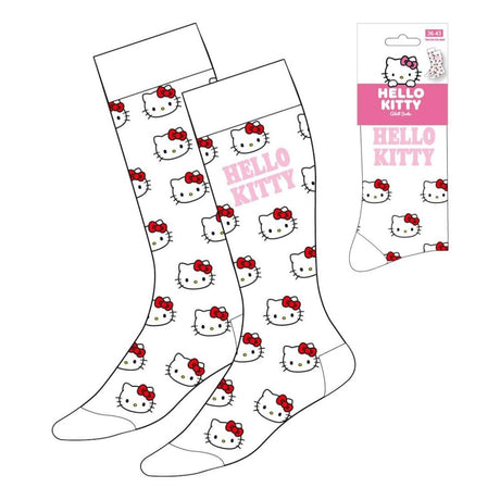 Paire de chaussettes blanches Hello Kitty avec motifs du visage de Hello Kitty et texte rose, taille 36-43, produit officiel Sanrio.
