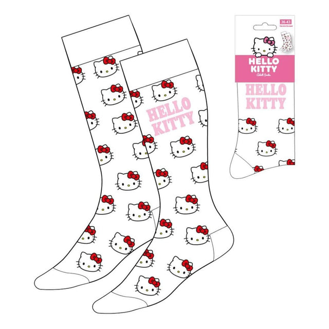 Paire de chaussettes blanches Hello Kitty avec motifs du visage de Hello Kitty et texte rose, taille 36-43, produit officiel Sanrio.