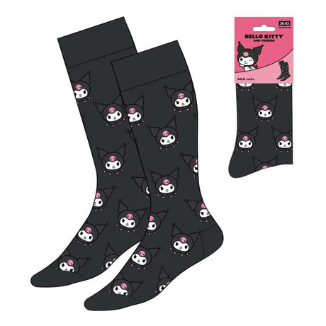 Paire de chaussettes noires Kuromi avec motifs du visage de Kuromi et détails roses, taille 36-43, produit officiel Sanrio.
