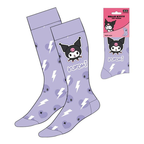 Paire de chaussettes violettes Kuromi avec motifs d’éclairs et de crânes, taille 36-43, produit officiel Sanrio.