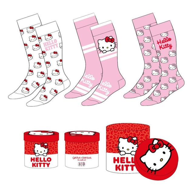 Coffret Hello Kitty contenant trois paires de chaussettes aux motifs Hello Kitty sur fond blanc et rose, taille 36-43, dans une boîte cadeau rouge et blanche officielle Sanrio.