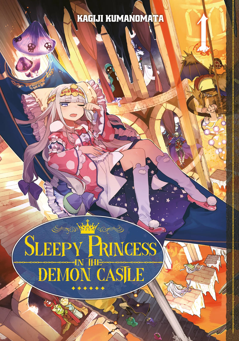 manga Sleepy Princess in the Demon Castle tome 1, illustrant la princesse Syalis assise dans un château démoniaque avec une expression fatiguée, dans un décor fantastique coloré.