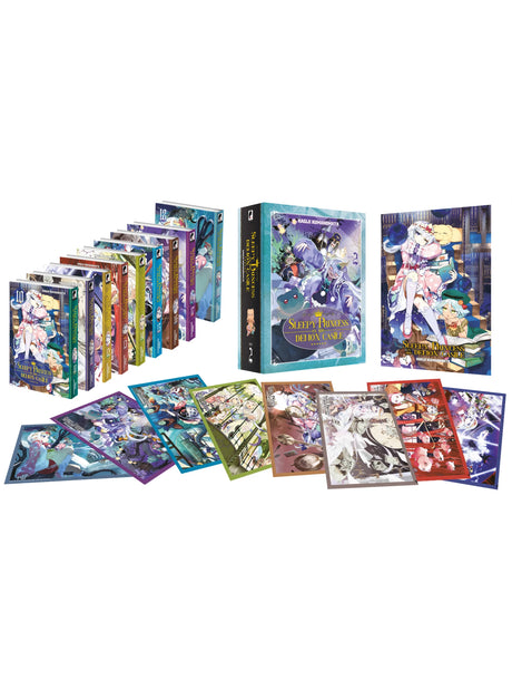Coffret collector Sleepy Princess in the Demon Castle Box 2 – tomes 10 à 18, avec la princesse Syalis entourée de démons et peluches dans une scène nocturne, manga de Kagiji Kumanomata.