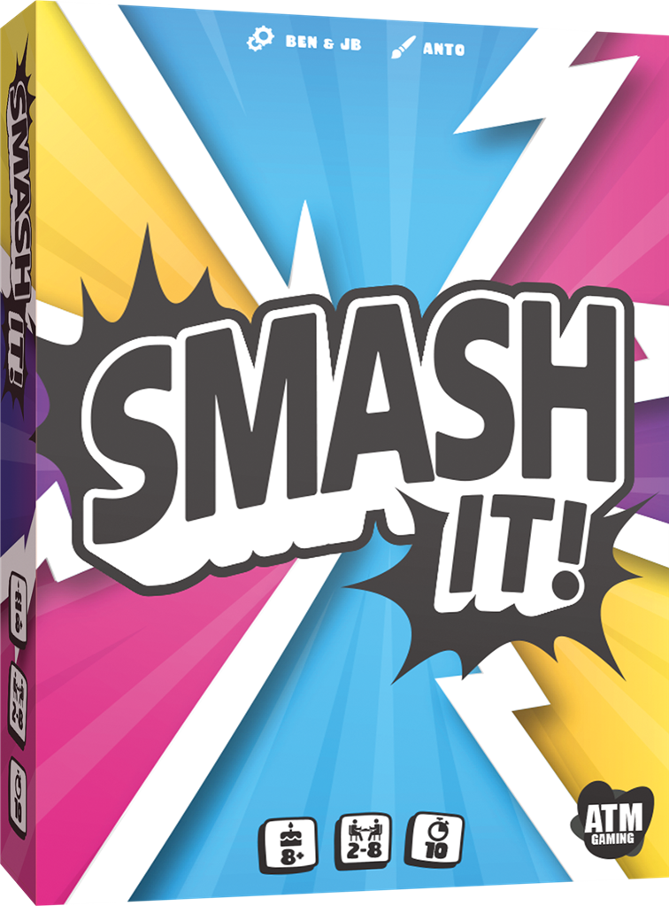 Boîte du jeu Smash It! avec fond coloré bleu, rose et jaune, éclairs blancs et grand titre façon bande dessinée.