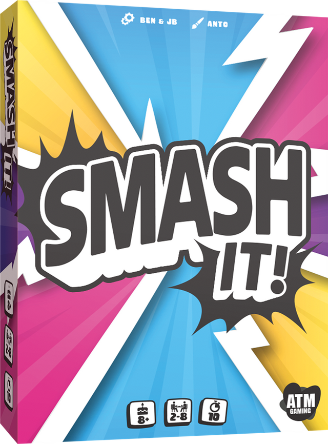 Boîte du jeu Smash It! avec fond coloré bleu, rose et jaune, éclairs blancs et grand titre façon bande dessinée.
