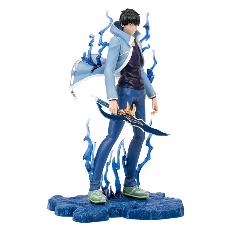 Figurine Sung Jin Woo Solo Leveling avec dague et effets d’ombre bleutés en pose de combat