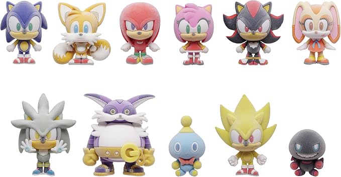 Sonic The Hedgehog Figural Bag Clip Series 5 avec plusieurs personnages chibi dont Sonic, Tails, Knuckles, Amy, Shadow et Silver.