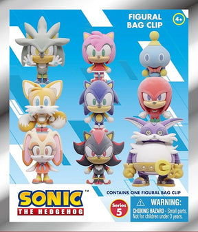Sonic The Hedgehog Figural Bag Clip Series 5 avec plusieurs personnages chibi dont Sonic, Tails, Knuckles, Amy, Shadow et Silver.