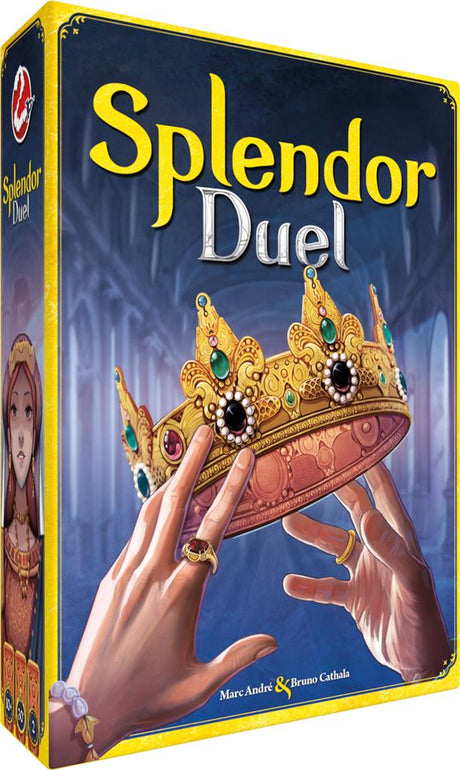 Boîte du jeu de société Splendor Duel avec une couronne dorée ornée de gemmes sur fond bleu.