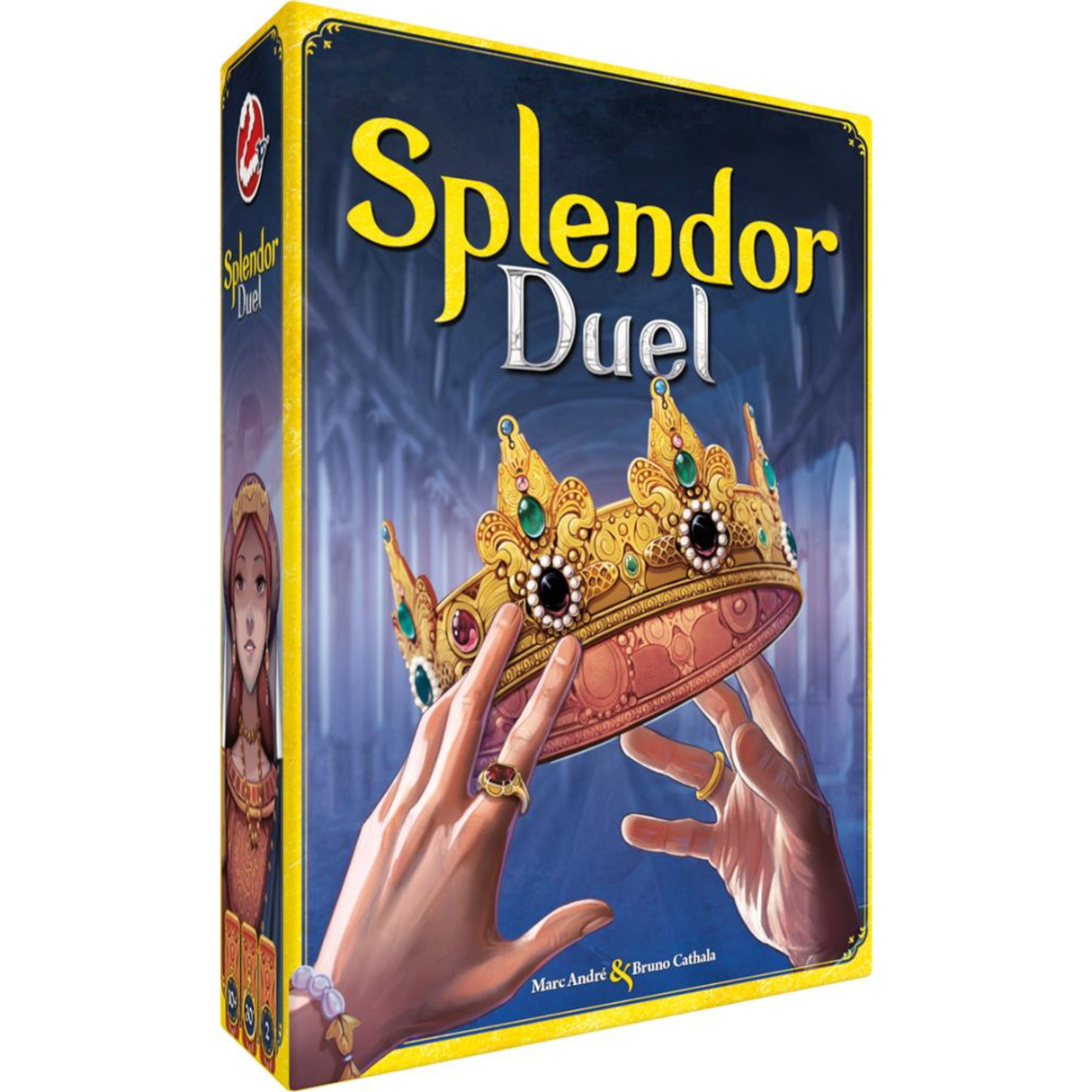 Boîte du jeu de société Splendor Duel avec une couronne dorée ornée de gemmes sur fond bleu.