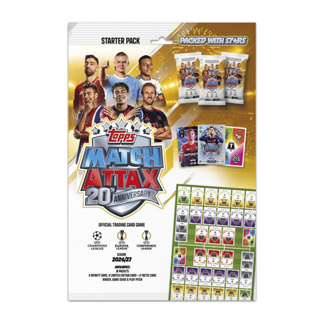 Starter Pack Topps Match Attax 2026/27 édition 20e anniversaire avec 3 boosters, carte Infinity, carte édition limitée, carte tactique, classeur, guide et terrain de jeu UEFA.