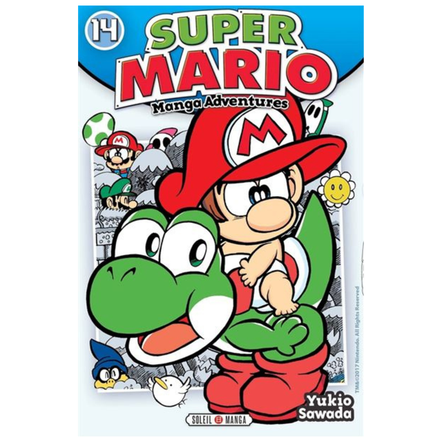 Couverture de Super Mario Manga Adventures Tome 14 de Yukio Sawada, représentant Mario bébé avec sa casquette rouge sur le dos de Yoshi vert, éditions Soleil Manga.
