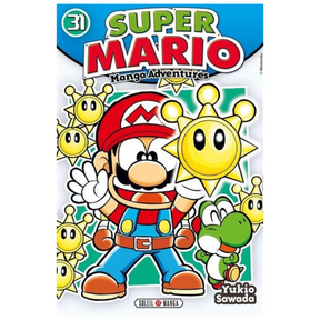 Couverture de Super Mario Manga Adventures Tome 31 de Yukio Sawada, avec Mario souriant tenant une étoile dorée, accompagné de Yoshi et entouré de petites étoiles jaunes sur fond vert, éditions Soleil Manga.