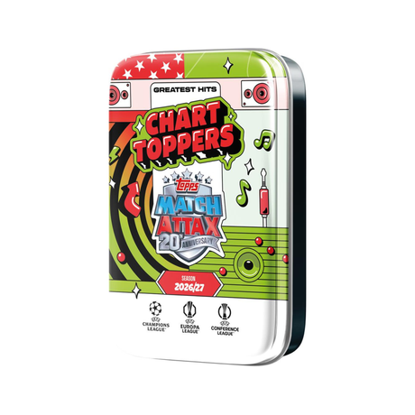 Boîte métallique Topps Match Attax 2026/27 Mega Tin Chart Stoppers Greatest Hits, édition 20e anniversaire, avec design musical vert, rouge et blanc et logos des compétitions UEFA.