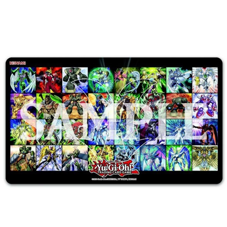 Tapis de jeu Yu-Gi-Oh! représentant une mosaïque de cartes HÉROS Élémentaires.