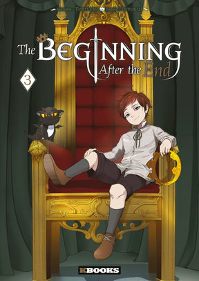  tome 3 de The Beginning After the End, montrant un jeune garçon assis sur un trône doré, tenant une couronne, avec un petit familier noir à ses côtés.