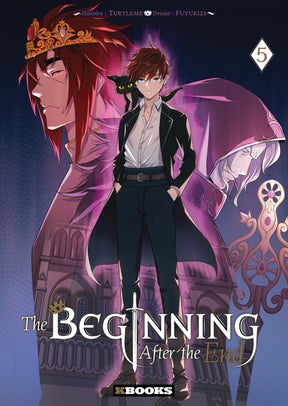 tome 5 de The Beginning After the End montrant Arthur en tenue élégante, debout avec assurance, accompagné de Sylvie sur l’épaule, et des figures royales en arrière-plan.