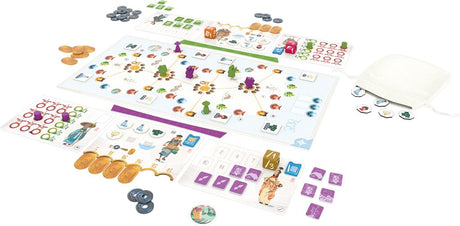 Boîte du jeu de société Tokaido Duo avec illustration japonaise de deux personnages dos à dos et un paysage miniature de Shikoku.