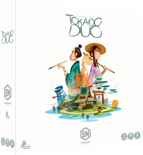 Boîte du jeu de société Tokaido Duo avec illustration japonaise de deux personnages dos à dos et un paysage miniature de Shikoku.