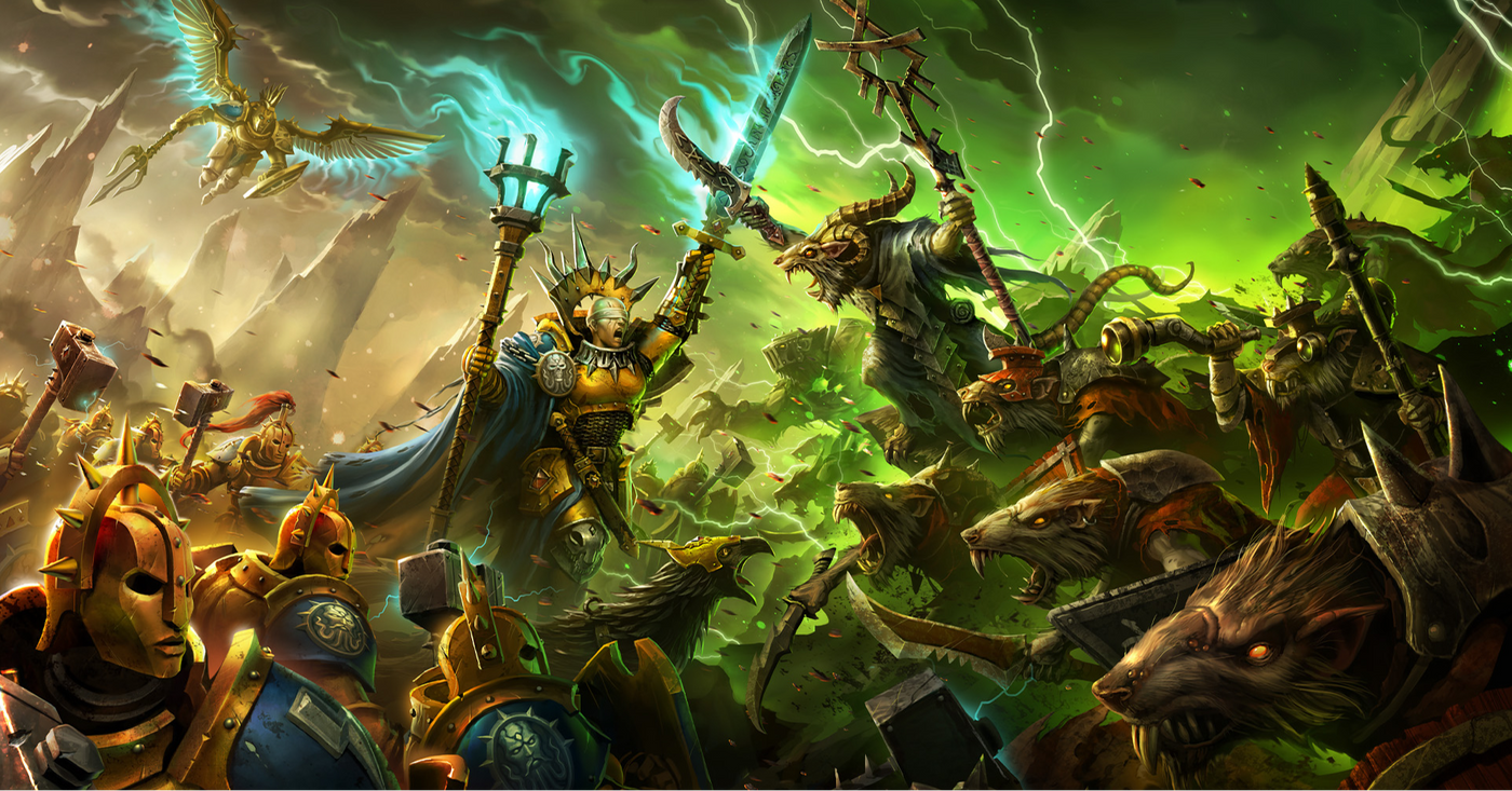Bataille épique entre Stormcast Eternals et Skavens dans l’univers fantastique de Warhammer Age of Sigmar. Illustration représentant une scène de guerre emblématique du jeu de figurines Games Workshop.