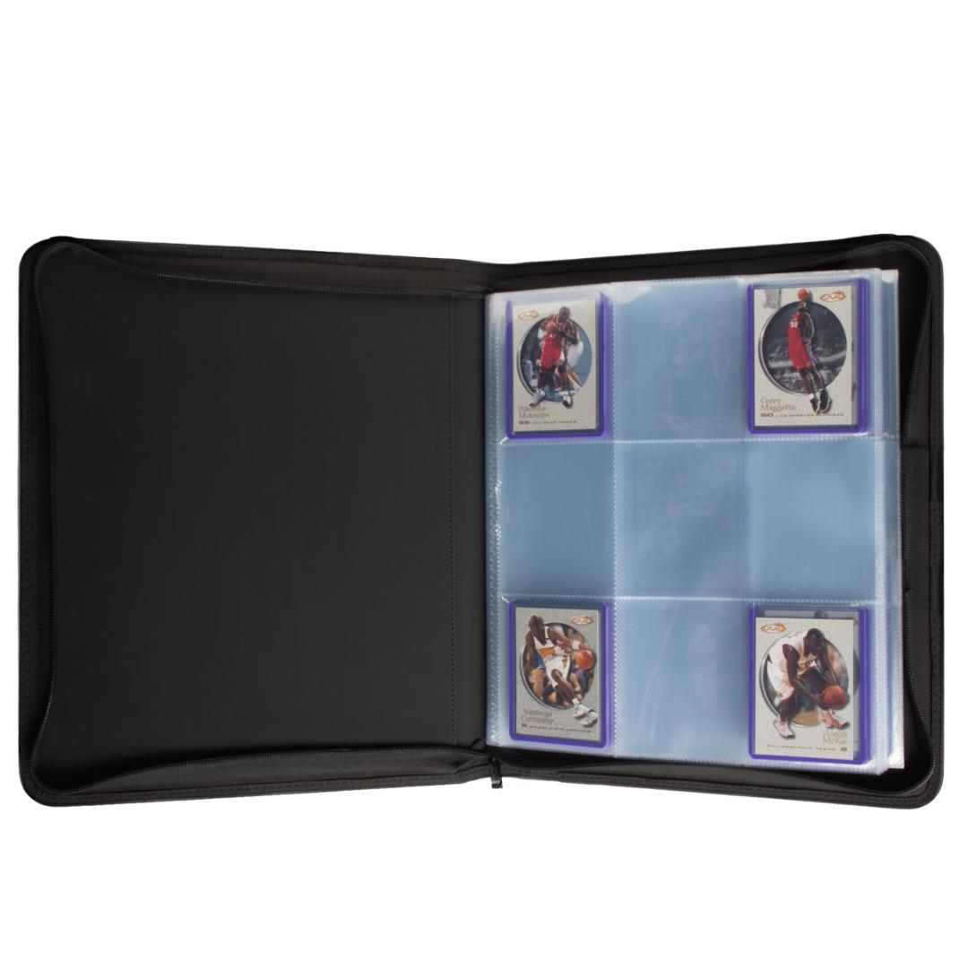Classeur Ultra Pro PRO-Binder Zippered Premium ouvert, avec pages 9 cases conçues pour ranger des cartes protégées en toploaders.