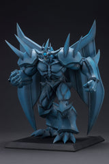 Figurine Yu-Gi-Oh! Obelisk the Tormentor Egyptian God, monstre bleu massif avec ailes repliées, poing serré et socle d’exposition.
